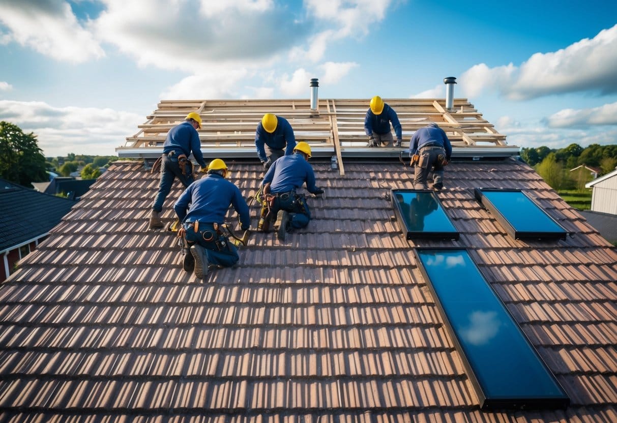 A team of workers installs a durable new roof on a house in Bjerringbro Denmark